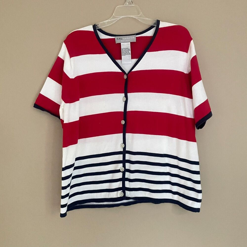 Sag Harbor 100% Cotton Button Up 1X Nautical Striped Red White Blue Cardigan